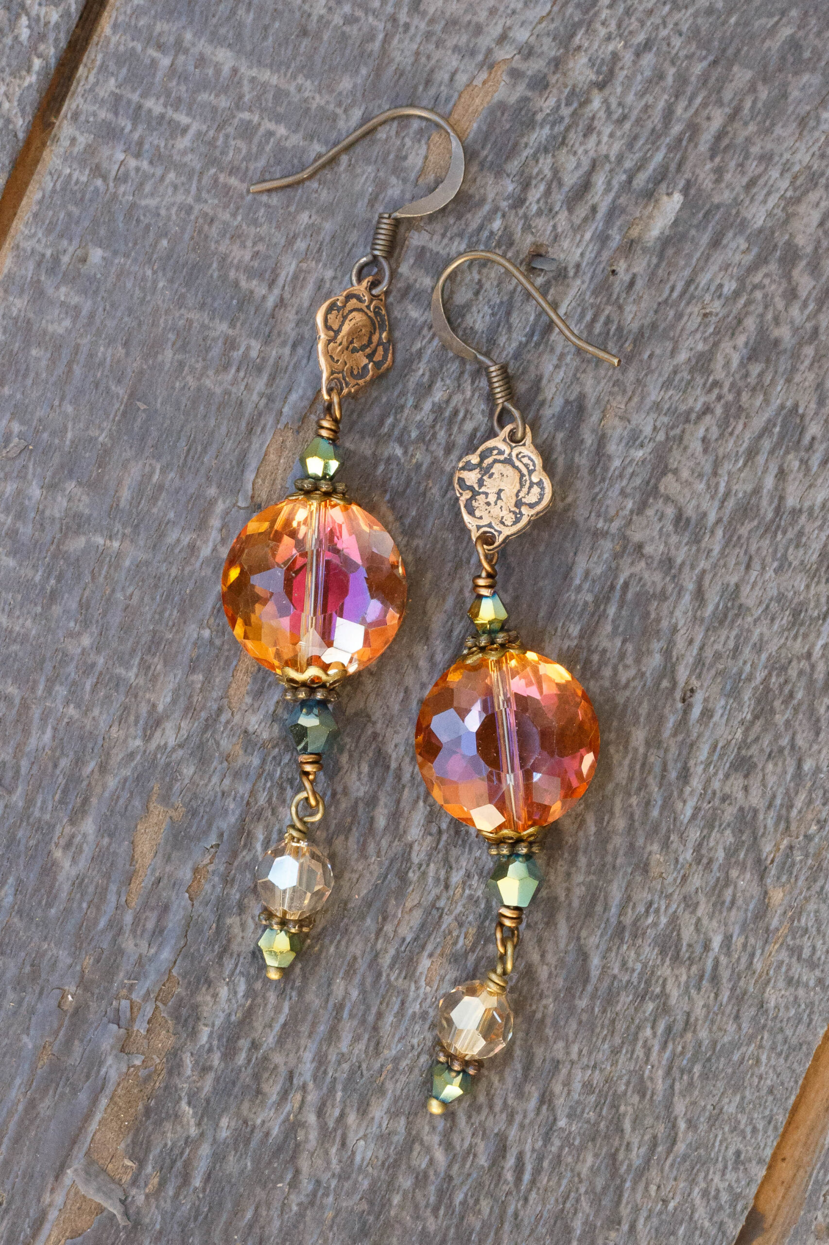 Apricot and Aqua Metallic Crystal Earrings