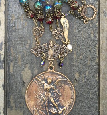 Blue and Garnet Crystal Necklace – St. Anthony and St. Christopher