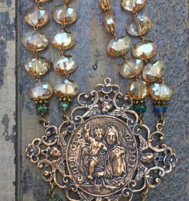 Champagne and Aqua Crystal Necklace – Our Lady of Mount Carmel