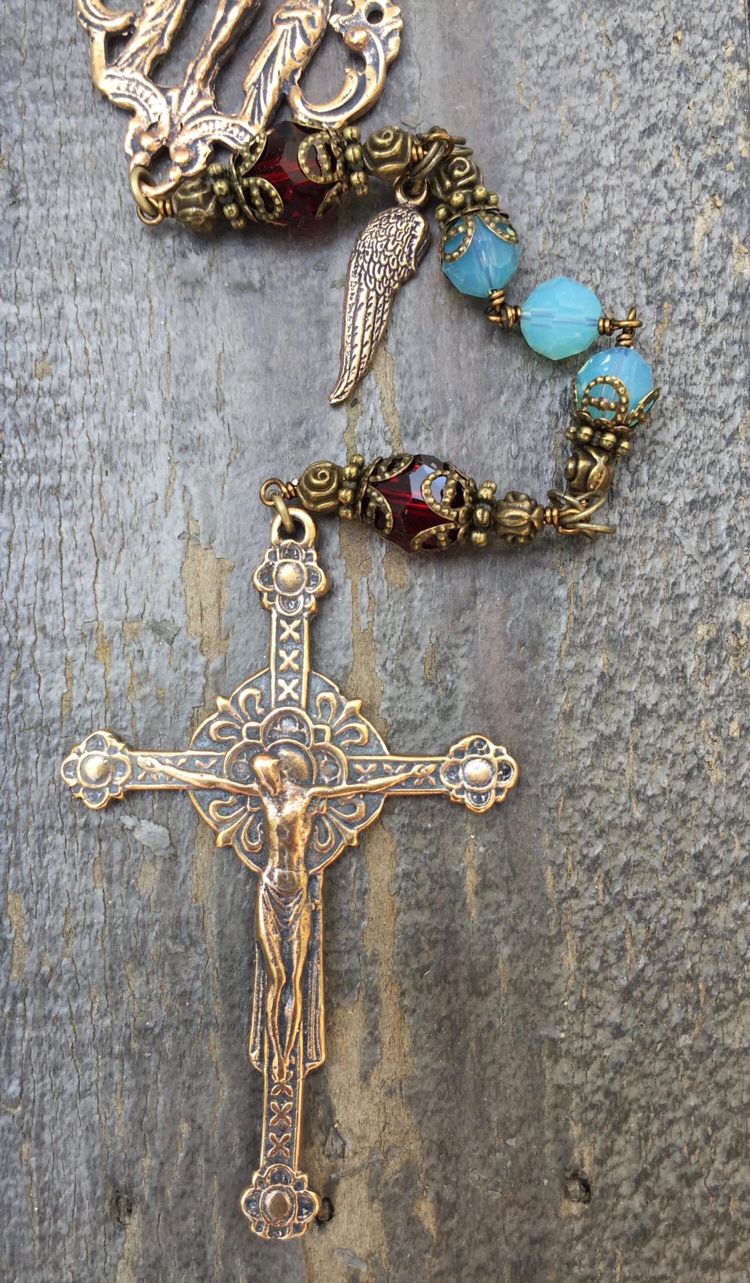 Cloud Blue and Garnet Crystal Rosary – 8mm