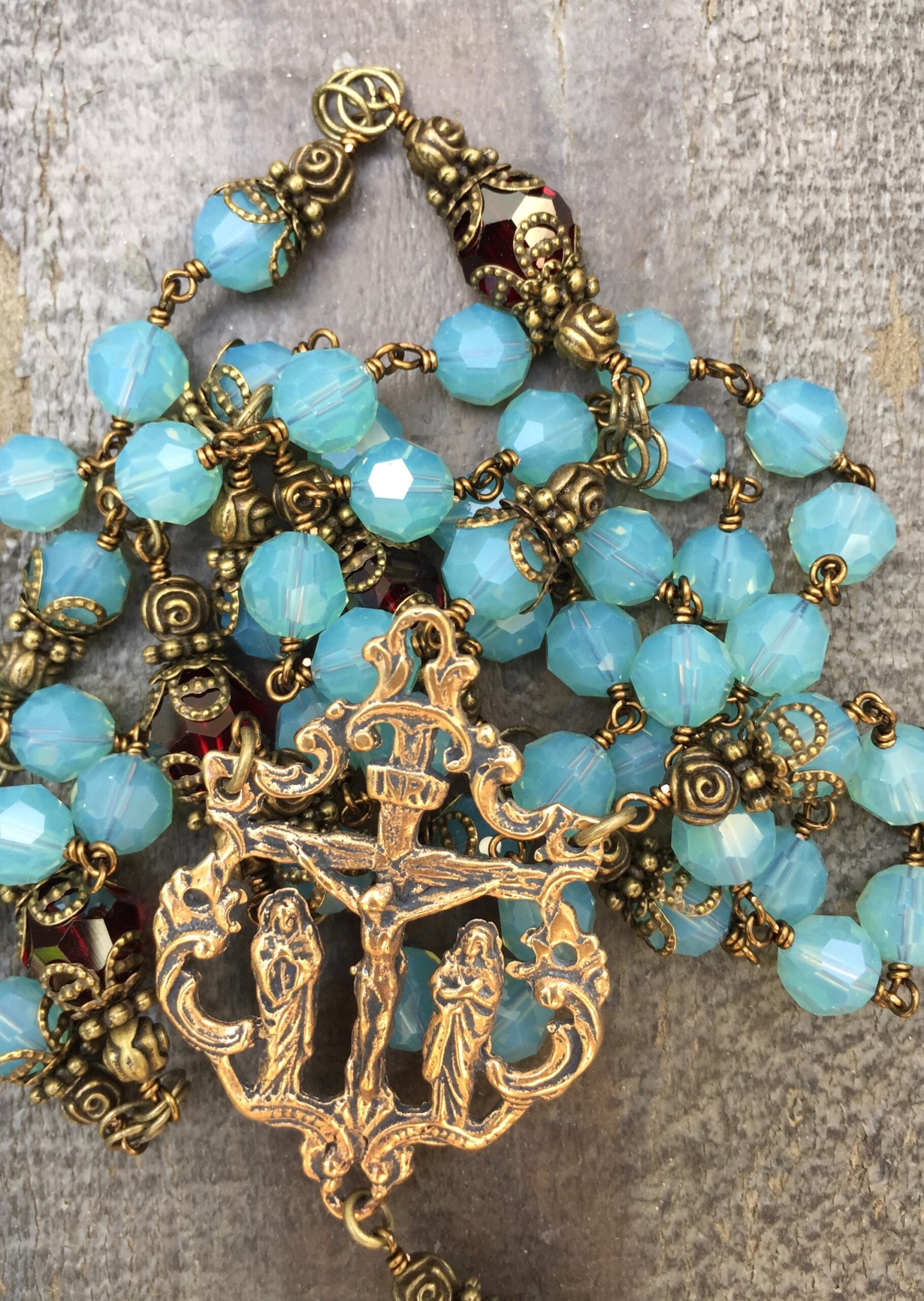 Cloud Blue and Garnet Crystal Rosary – 8mm